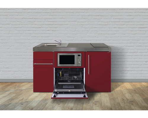 Stengel-Küchen Miniküche mit Geräten Premiumline 150 cm Frontfarbe rot glänzend Korpusfarbe weiß montiert