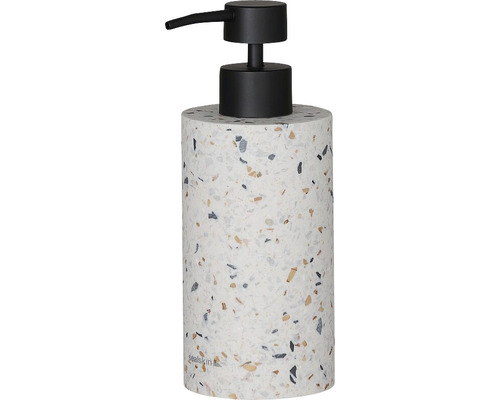 Seifenspender aus Terrazzo-Material mit schwarzem Spenderkopf