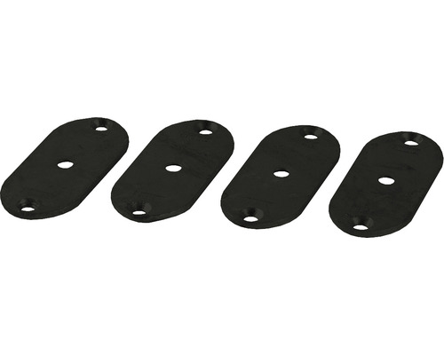 Vier schwarze, ovale Befestigungsplatten mit Schraubenlöchern.