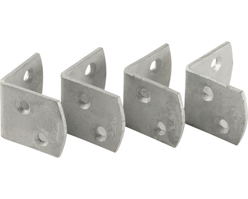 Vier Winkelverbinder aus Metall mit Löchern zur Befestigung.