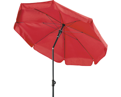 Roter Sonnenschirm mit rechteckigem Schirmdach und schwarzem Gestell