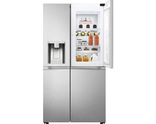 Silberner Side-by-Side Kühlschrank mit Getränkespender und Glasfront