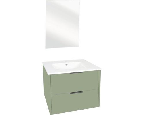 Badmöbel-Set Differnz Bolo BxHxT 61 x 110 x 46 cm Frontfarbe grünspan Badmöbelset 3-teilig mit Waschtisch Keramik weiß und Spiegel Waschtisch Unterschrank Badezimmerset mit Waschbeckenunterschrank mit zwei Schubladen und Spiegel