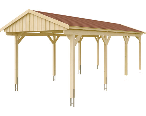 Holzcarport mit rotem Dach