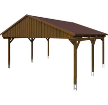 Doppelcarport SKAN Holz Fichtelberg inkl. Dachschindeln rot 618 x 566 cm Nussbaum