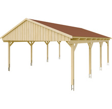Doppelcarport SKAN Holz Fichtelberg inkl. Dachschindeln rot 618 x 808 cm natur