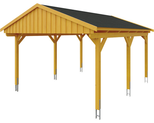 Holzcarport mit Dach und Pfostenfundamenten