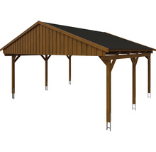 Doppelcarport SKAN Holz Fichtelberg inkl. Dachschindeln schwarz 618 x 566 cm Nussbaum