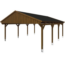 Doppelcarport SKAN Holz Fichtelberg inkl. Dachschindeln schwarz 618 x 808 cm Nussbaum