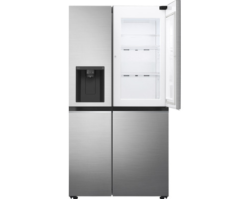 Mehrteiliger Kühlschrank mit Eiswürfelbereiter und einer offenen Tür.