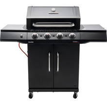 Schwarzer Gasgrill mit vier Brennern, Seitentischen und Unterschrank.