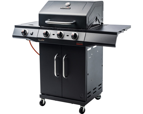 Schwarzer Gasgrill mit vier Brennern, Seitentischen und Unterschrank