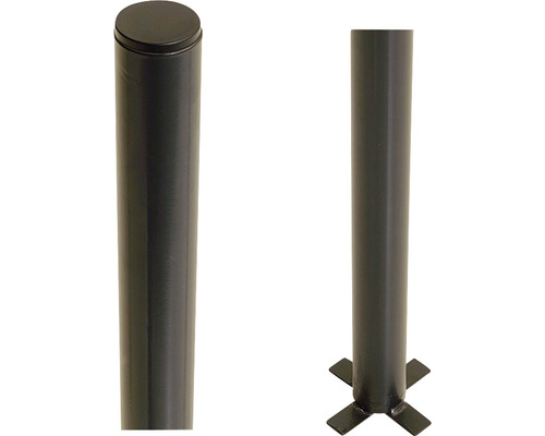 Stahlpfosten PLUS rund Ø 42,4 mm x 186 cm pulverbeschichtet RAL 7021 grau-schwarz Metallpfosten mit Deckel und Bodenplatte