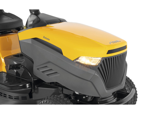 Detailansicht eines gelben Rasentraktors mit Scheinwerfern