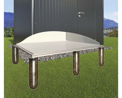 Fundament Biohort SmartBase Plus Gartenhaus Neo 2A / 1B Illustration eines Gartenhauses mit Fundament aus Bodenschrauben