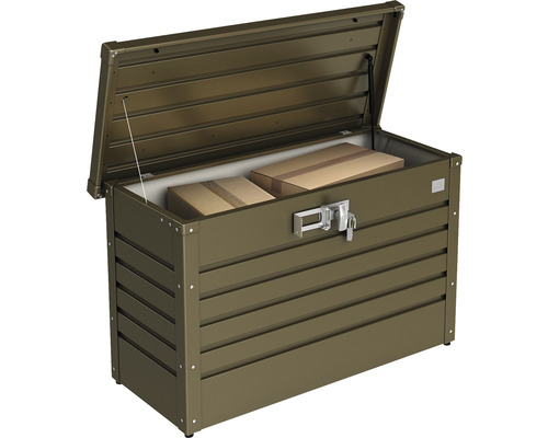 Geöffnete Metall Gartenbox mit zwei Kartons