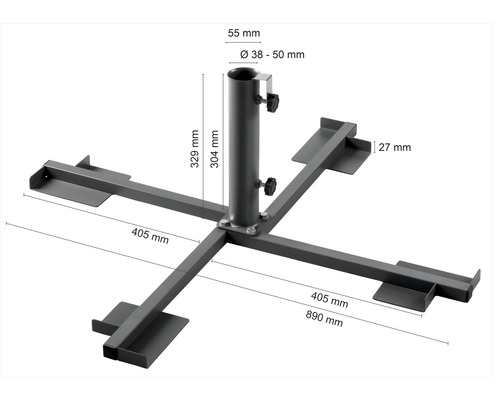 Sonnenschirmständer mit den Maßen 890 mm Länge, 405 mm Breite und 329 mm Höhe