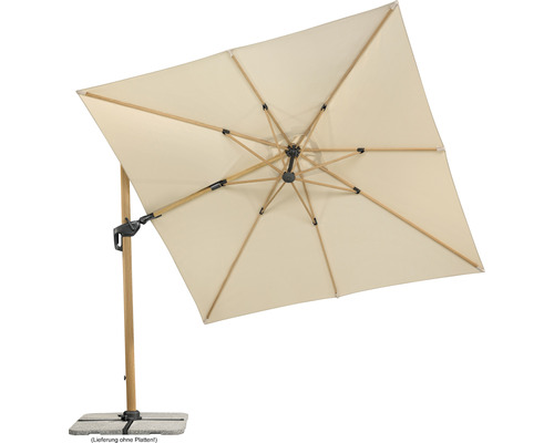 Quadratischer Sonnenschirm mit Holzrahmen und hellem Stoffbezug