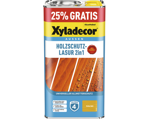 XYLADECOR Holzschutzlasur eiche hell 4+1 L (+25%) gratis Xyladecor Holzschutzlasur 2in1 Dose für den Außenbereich