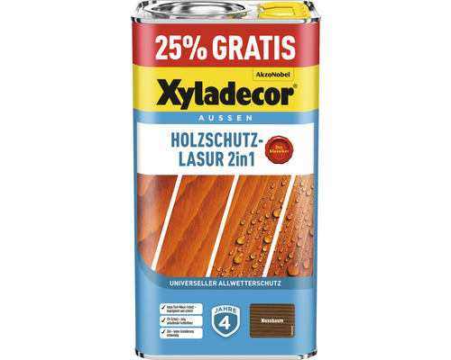 XYLADECOR Holzschutzlasur nussbaum 4+1 L (+25%) gratis Xyladecor Holzschutzlasur 2in1 Dose