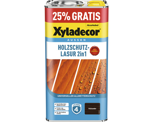XYLADECOR Holzschutzlasur palisander 4+1 L (+25%) gratis Dose Xyladecor Holzschutzlasur 2in1 Palisander für den Außenbereich