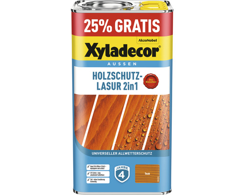 XYLADECOR Holzschutzlasur teak 4+1 L (+25%) gratis Xyladecor Holzschutzlasur 2in1 Dose