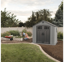 Gartenszene mit Gerätehaus und zwei Personen bei der Gartenarbeit