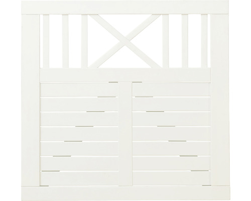 Weiße Holztorfront mit X-förmigem Design