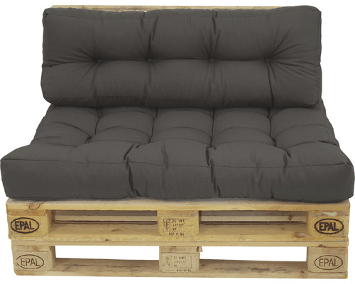 Graue Palettenauflage mit Rückenlehne auf einer Holzpalette