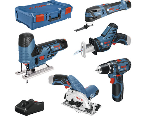 12V-Akku-Profi-Set Bosch Professional Bohrschrauber + Stichsäge + Multi-Cutter + Akku-Kreissäge + Säbelsäge inkl. 2 Akkus (3.0 Ah), Ladegerät und XL-BOXX