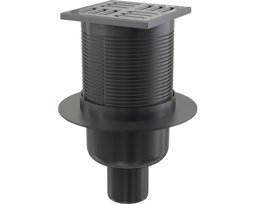 Alcadrain Bodenablauf 105 mm x 105 mm schwarz mit senkrechten Abgang DN 50 mm, Edelstahl Rost schwarz-matt, Kombi-Geruchsverschluss SMART Aufsicht auf einen Bodenablauf aus Kunststoff mit quadratischem Aufsatz