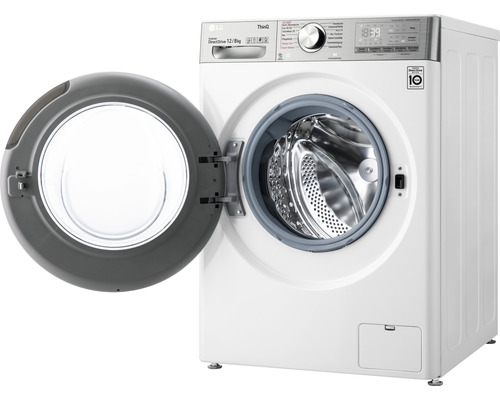 Weiße LG Waschmaschine mit offener Tür.