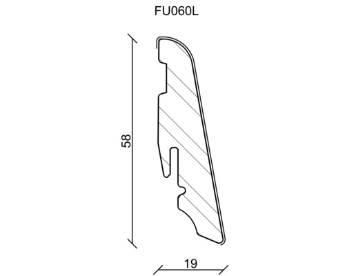 Querschnittprofil einer Sockelleiste mit den Maßen 58 mal 19 Millimeter