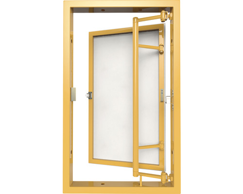 Gelber Fensterrahmen mit Kippfensterbeschlag