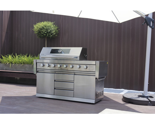 Gasgrill Outdoorküche Buschbeck Bristol 6 Brenner+Seitenbrenner+Rückbrenner Edelstahl inkl. Ablage, Deckelthermometer, Drehregler mit LED-Beleuchtung, Fettauffangschale, Grillrost Gusseisen, Seitenablage