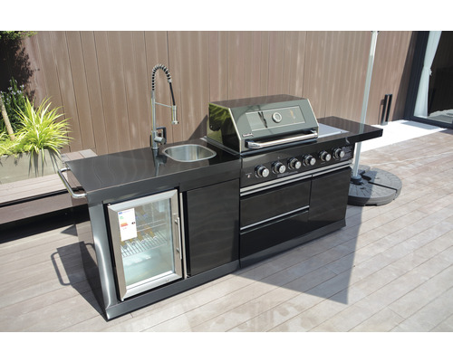 Gasgrill Outdoorküche Buschbeck Cambridge 4 Brenner+Seitenbrenner+Rückbrenner schwarz inkl. Ablage, Deckelthermometer, Fettauffangschale, Seitenablage, Drehregler mit LED-Beleuchtung Grillrost Gusseisen