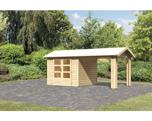 Holzgartenhaus mit Vordach im Garten