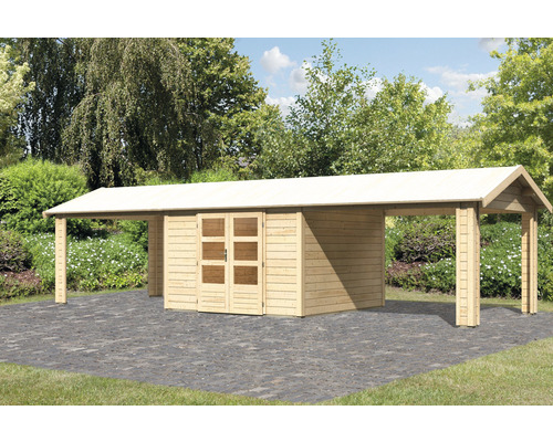 Holzgarage mit Geräteschuppen im Garten