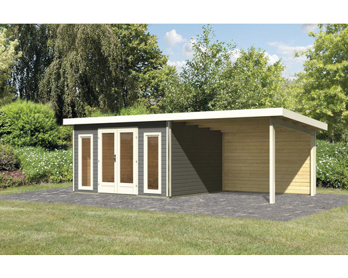 Modernes Gartenhaus mit Carport aus Holz im Außenbereich