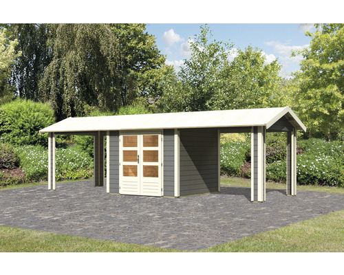 Gartenhaus Karibu Theresa 3 inkl. 2 Dachausbauelementen 767 x 288 cm terragrau Holzgartenhaus mit Carport und Doppeltür im Außenbereich