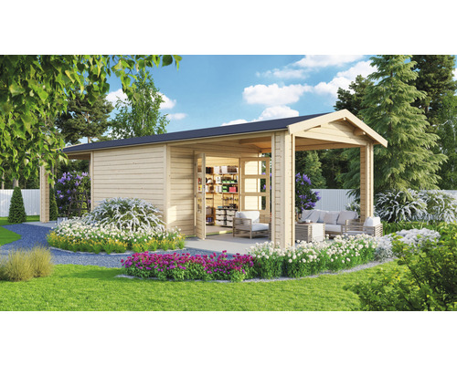 Gartenhaus Karibu Theresa 7 inkl. 2 Dachausbauelementen 947 x 348 cm natur Garten Szene mit Holz Gartenhaus und Blumenbeet