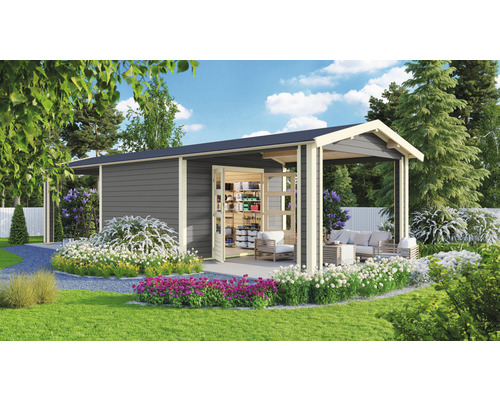 Gartenhaus Karibu Theresa 7 inkl. 2 Dachausbauelementen 947 x 348 cm terragrau Modernes Gartenhaus mit offenem Anbau, Holzwänden und Regalen im Innenraum.