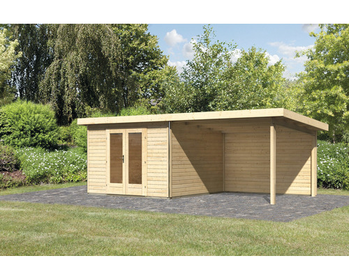 Gartenhaus Karibu Badeburg 1 inkl. Anbaudach, Rückwand 3,5 m 664 x 331,5 cm natur Holzgartenhaus mit Doppeltür und überdachter Fläche im Garten