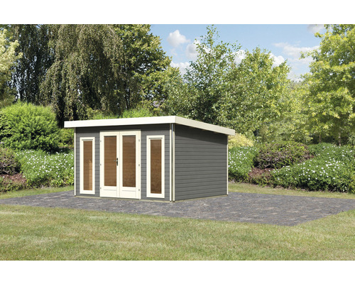 Gartenhaus Karibu Badeburg 2 406 x 331,5 cm terragrau Gartenhaus aus Holz mit Doppeltür und einem Seitenfenster im Garten.