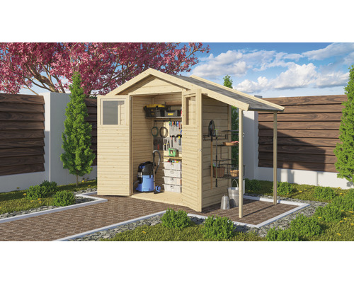 Gartenhaus Karibu Danas inkl. Schleppdach 289 x 120 cm natur Gartenhaus mit geöffneten Türen und Gartengeräten
