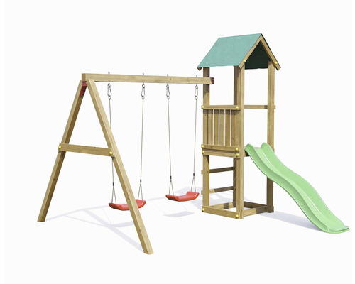 Spielplatz mit Schaukel und Rutsche aus Holz