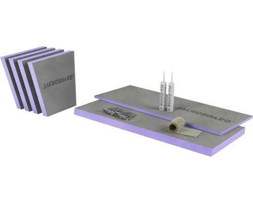 Jackoboard Bausatz für Badezimmerausbau mit Bauplatten, Kleber, Dichtband, Schrauben und Dichtmanschette