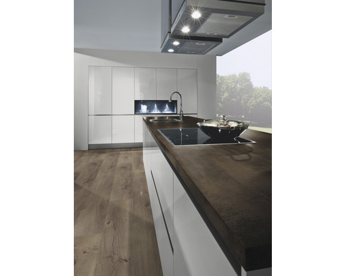 Moderne Küche mit Kücheninsel, Spüle und Dunstabzugshaube