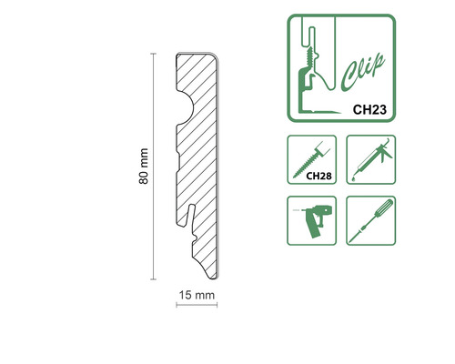 Profilleiste Querschnitt mit Maßen und Befestigungssymbolen