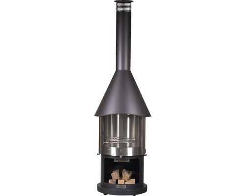 Buschbeck Holzkohlegrill Edelstahlkamin Melbourne Ø 65 cm H 230 cm schwarz rund Gartencheminée mit Holzfach und Rauchabzug
